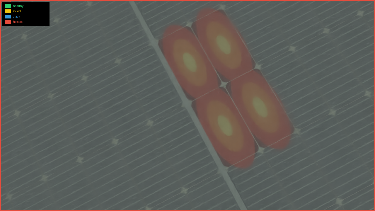 Auto-labeled hotspot class overlay on a synthetic solar module